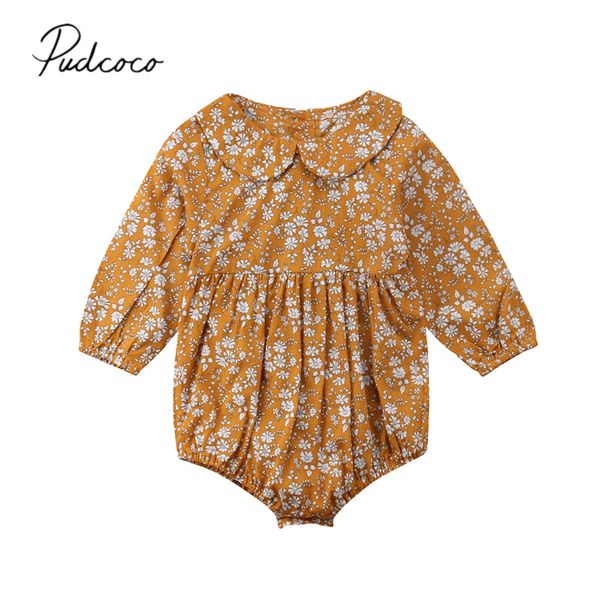 

2018 brand new spring autumn toddler girls bodysuits long sleeve flowers peter pan collar jumpsuits playsuit yellow outfit 0-24m, Blue