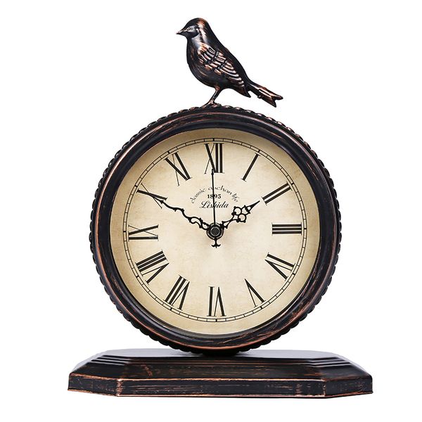

vintage cottage metal table clock with bird