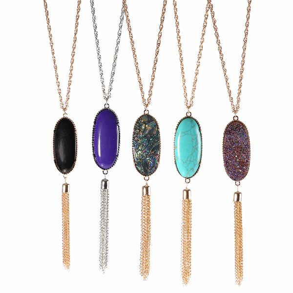 

Bohemian Style Women Natural Stone Pendant Necklace with Long Chain Tassel