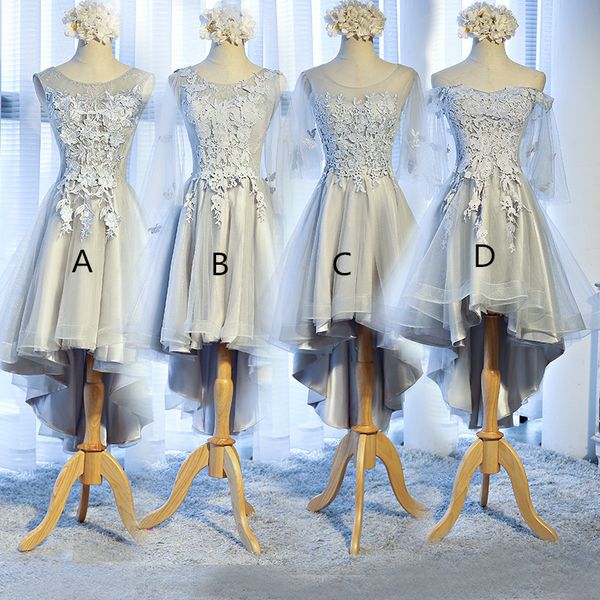 

scoop neck lace tulle high low bridesmaid dresses lace up party dress new prom gowns short front long back, White;pink