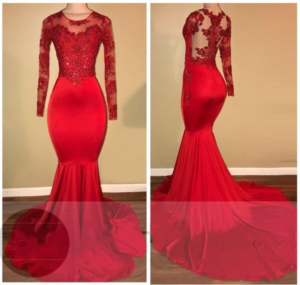 

2019 elegant red mermaid prom dresses long beaded jewel neck lace applique zipper floor length formal party wear evening gowns wear, Black