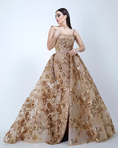 Ouro Lantejoulas Vestidos De Noite Yousef Aljasmi Incrível Cintas De Espaguete Plus Size Prom Vestido Longos Espumantes Vestidos Formais Para Senhora Gorda