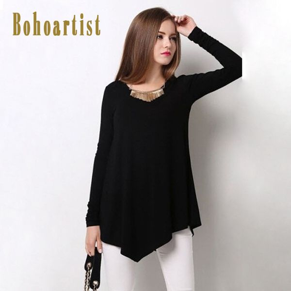 

women casual blouse shirts loose black irregular long sleeve autumn spring boho plain asymmetric elegant blouse, White