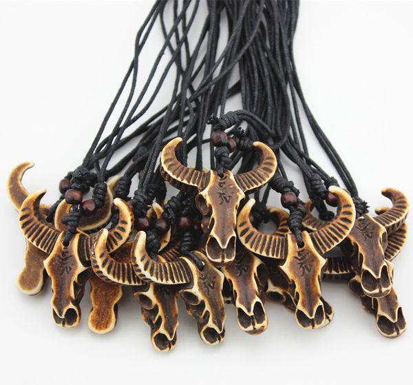 

fashion wholesale 12pcs/lot imitation yak bone carved om tribal cow bull head skull pendants necklace amulets gifts mn503, Silver