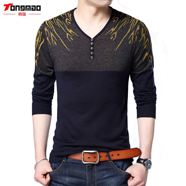 

tongmao brand autumn winter men clothing cashmere wool sweater fashion fire print v-neck button pull homme men pullover, White;black