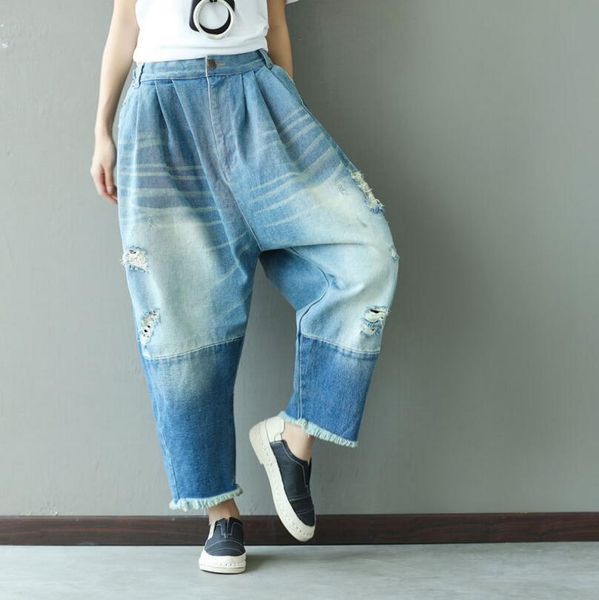 

women hole ripped loose splice distressed wide leg pants jeans female casual denim pants bleached ladies denim trousers p520, Blue