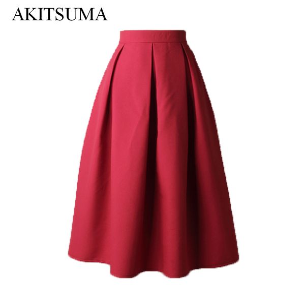 

wholesale- women pleated skirts 2017 summer skirt vintage high waist midi office workwear flared tutu saias femininas akitsuma, Black