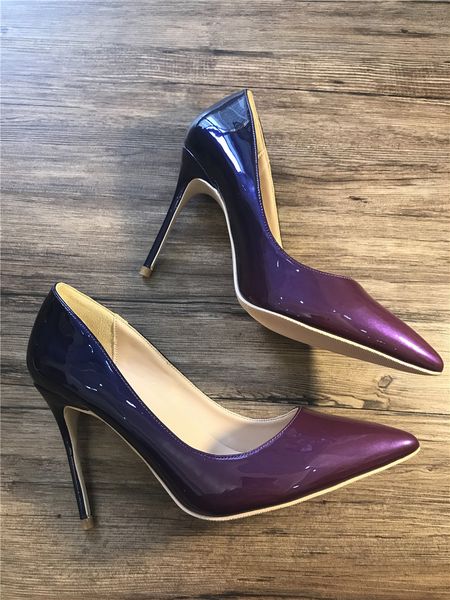 

real p genuine leather blue purpl patent leather gradient color point toe lady high heel shoes pump size 12cm 10cm 33-43, Black