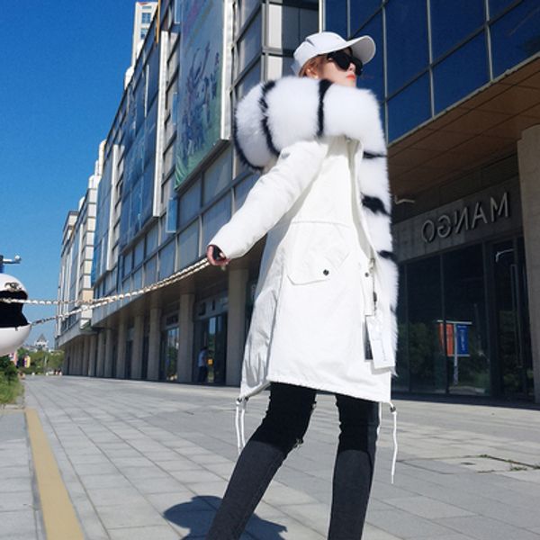 

maomaokong brand fashion winter jackets white black fox fur trim threshold white fox and rabbit fur lining white long parkas