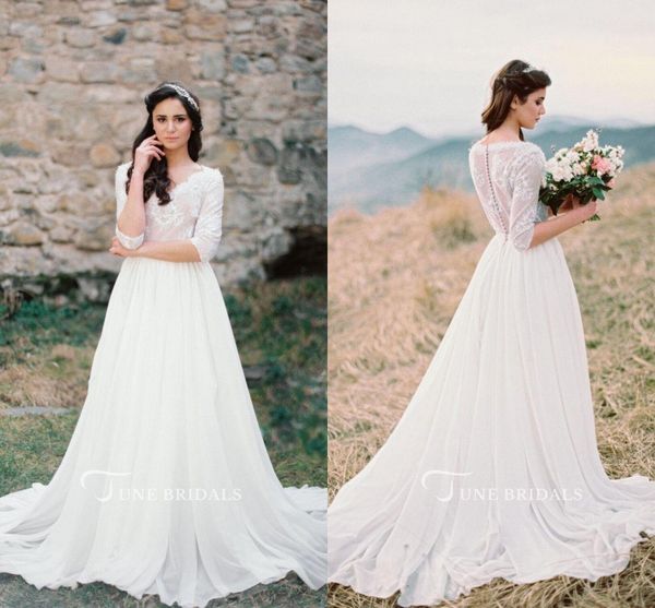

western country wedding dresses v neck lace button back a line boho bridal gown, White