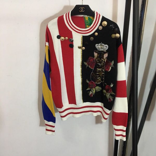 

milan runway sweater 2018 luxury designer fashion crown cats embroidery crystals pullovers women striped patchwork designer sweaters 100701, White;black