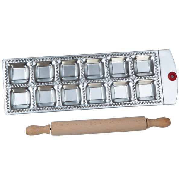 

wholesale- 12 square ravioli molding tray set with a wooden rolling pin pasta cutter pastry ravioli maker pan ravioli mold plate