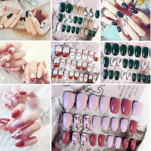 

24pcs nail tips full false nails pre-designed french artificial nail tips salon, Red;gold