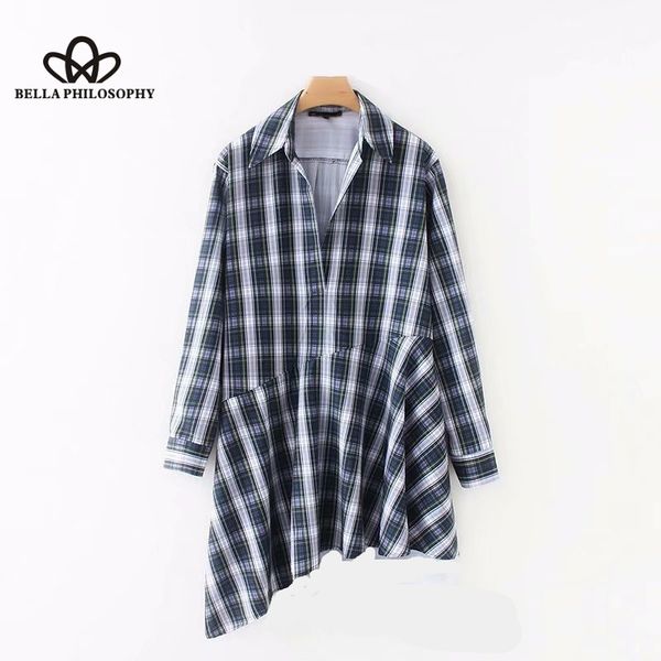 

bella philosophy autumn vintage long sleeve patchwork irregular hem plaid blouse female business casual slim shirt ladies blusas, White