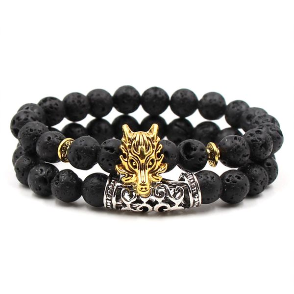 

lava stone bracelet animal wolf head fashion black frosted volcano lava stone beads men bracelet, Golden;silver