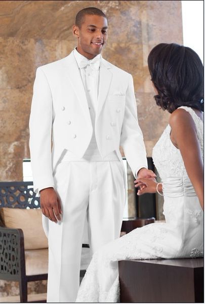 Moda Double-Breasted White Tailcoat Homens Casamento Smoking Estilo Manhã Noivo Smoking Do Smoking Dos Homens Formal Jantar Prom Suit (Jacket + Pants + Tie + Cinturão) 9