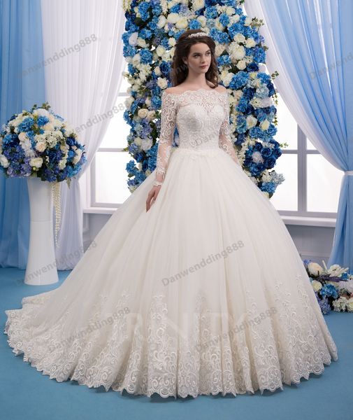 

elegant ivory tulle long sleeves applique ball gown wedding dresses bridal pageant dresses wedding attire dresses custom size 2-16 zw619238, White