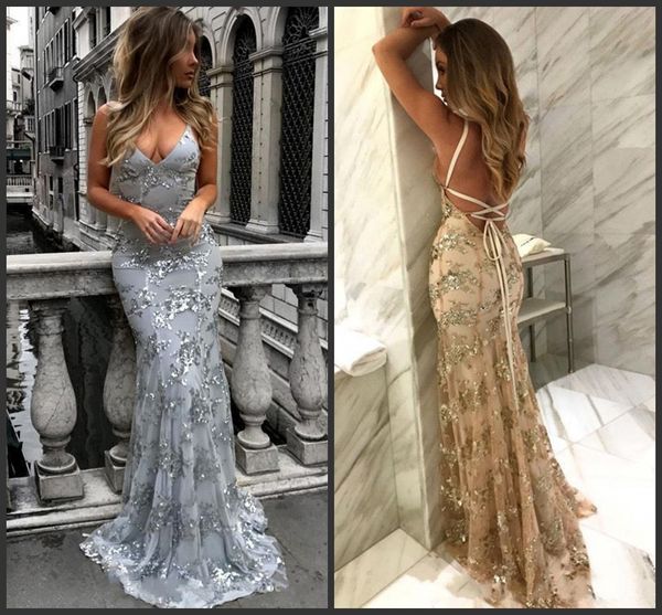 

2019 new silver halter sequins mermaid long prom dresses lace backless cross back floor length party evening gowns vestios de novia, Black