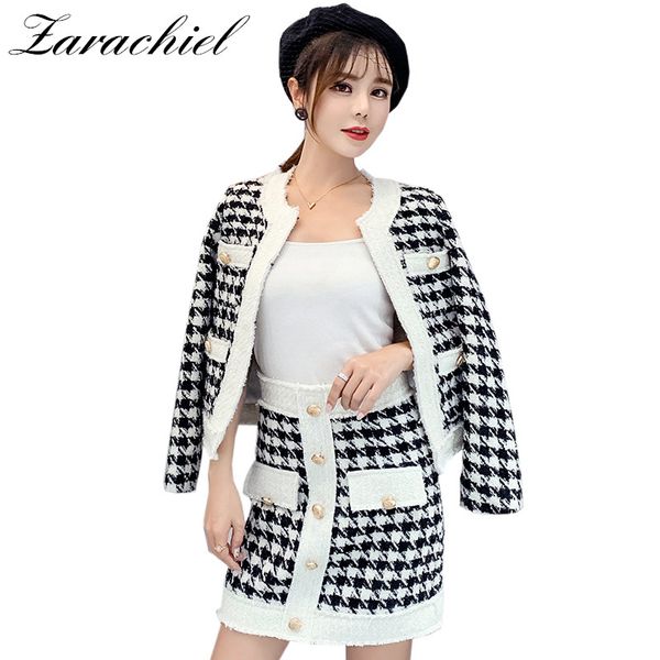 

small fragrant houndstooth 2 piece set 2018 winter women tweed wool jacket coat+gold button mini pencil skirt ladies runway suit, White