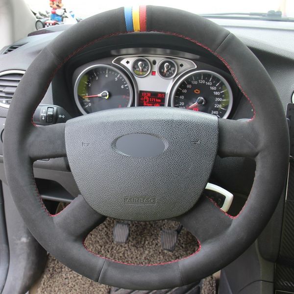 

black suede hand-stitched car steering wheel cover for ford focus 2 2005-2011
