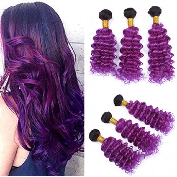 Brazilian Ombre Purple Human Hair Weaves Deep Wave Dark Root 1b Purple Ombre Human Hair Bundle Deals Ombre Purple Wefts Extensions 10 30