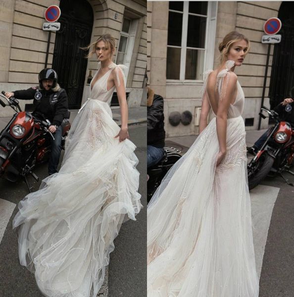 

inbar dror 2018 beach wedding dresses backless vestido de novia sequined deep v neck wedding gowns, White
