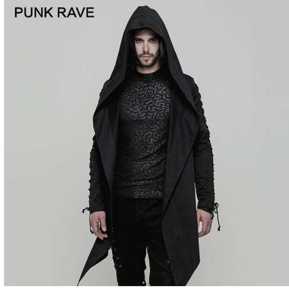 

punk rave punk spring hooded trench cotton inelastic woven loose men coat irregular sharp hem eyelets drawstring sleeve jackets, Tan;black