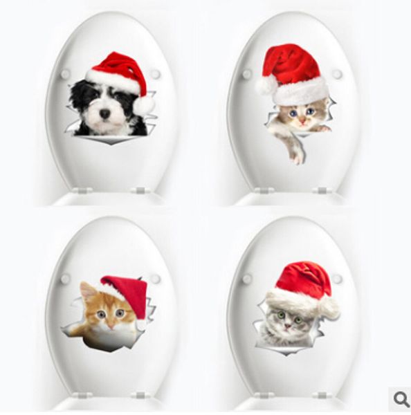 

christmas 3d dog cat wall sticker creative cartoon animal with christmas hat bathroom toilet sticker xmas home decoration