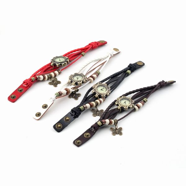 

genboli 1pcs vintage butterfly bracelet watch quartz movement girl women leather wrist watch, Slivery;brown