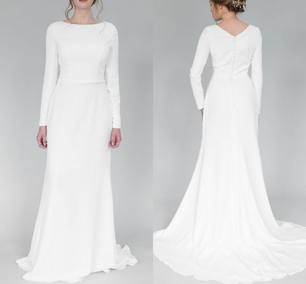 

mermaid long sleeves modest wedding dresses with sleeves boat neck full sleeves simple informal lds temple bridal gowns 2020 custom made, White