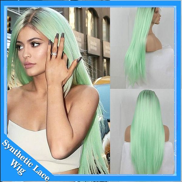 

cosplay wigs ombre mint green long straight synthetic lace front wig heat resistant glueless two tone black/light green hair for black women
