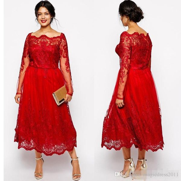 Novo deslumbrante vermelho plus size vestidos de noite mangas decote quadrado renda appliqued a linha vestidos de baile tule chá-comprimento formal dress275b