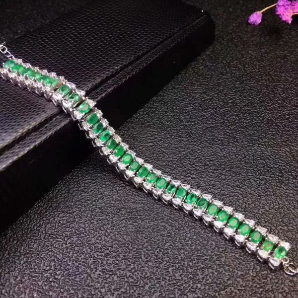 

luxurious row chain natural green emerald bracelet natural gemstone bracelet s925 silver female party gift jewelry, Golden;silver