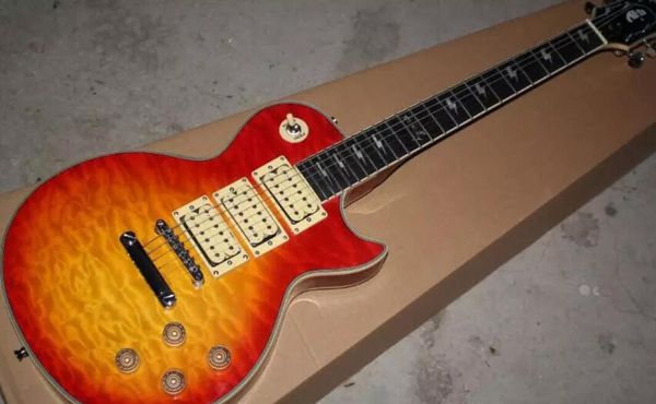 

custom shop ace frehley budokan signature cherry sunburst quilted maple electric guitar three pickups, lightening bolt inlay in stock