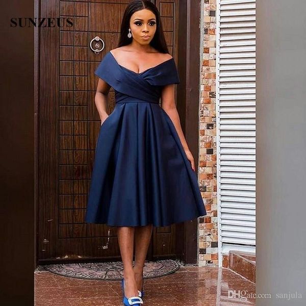 

Navy Blue Prom Party Dresses A-line Off Shoulder Cap Sleeve Tea Length Formal Dress Elegant Satin Prom Gowns For Women