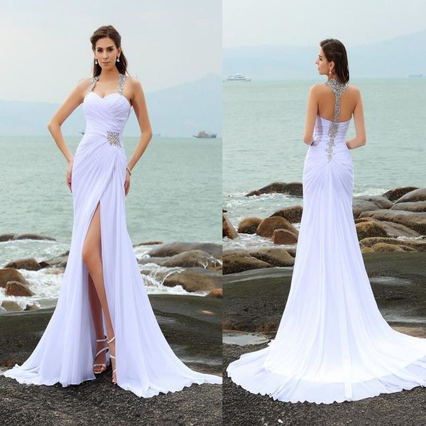 

2019 chiffon sheath/column straps beading sleeveless long beach wedding dresses front slit white crystals bridal dress vestidos de noiva