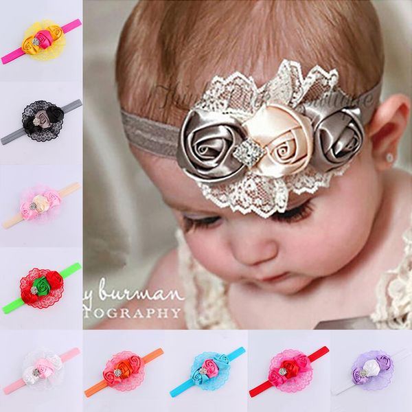 

lovely baby girl lace headband p prop kids rose flower hair band accessories, Slivery;white