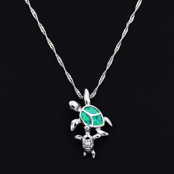 

kiwi green fire opal sea turtle baby and mom pendant necklace gift, Silver