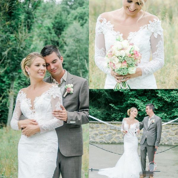 

sheer neck wedding dresses long sleeve handmade appliques lace tulle romantic design bridal gowns custom made, White