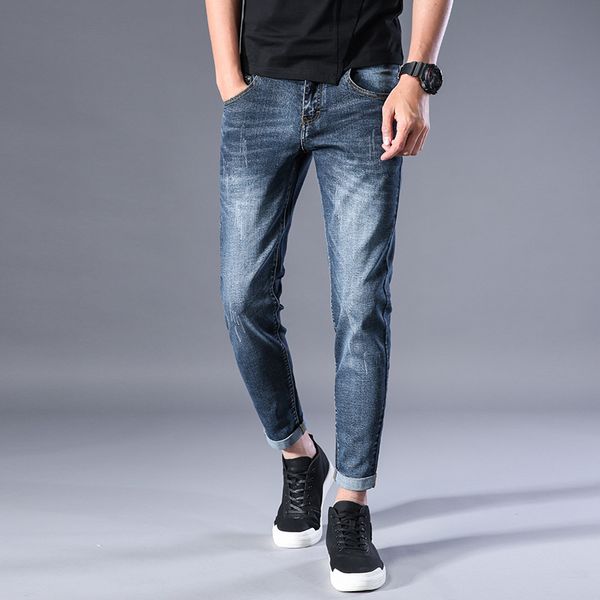 

spring summer men jeans stretch skinny washed pleated retro cuffs men denim ankle-length jeans vintage casual solid distressed, Blue