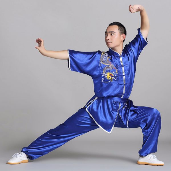 

embroidery dragon tai chi clothing cotton spring and summer clothing female taichi morning suit leotard cotton male wushu performance, Gray