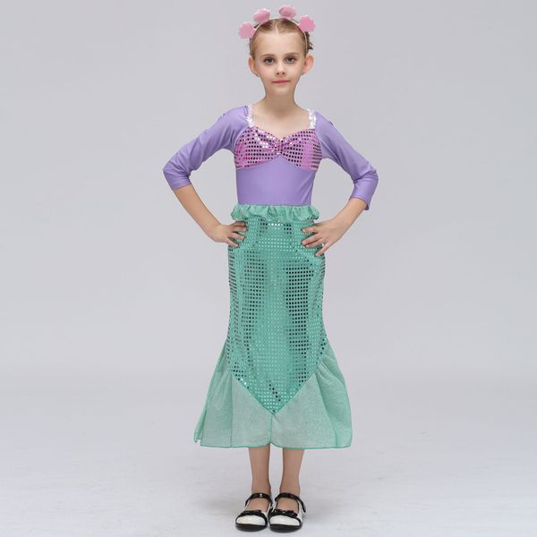 

mermaid dress girl long sleeve sequin princess dress children cartoon halloween cosplay costume, Red;yellow