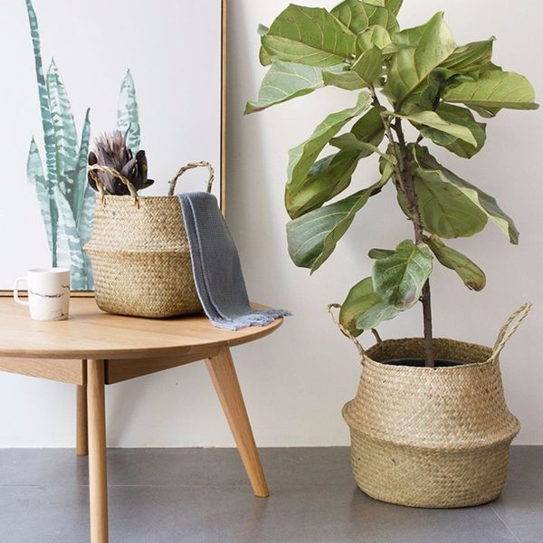 

New Household Foldable Natural Seagrass Woven Storage Pot Garden Flower Vase Hanging Basket With Handle Storage Bellied Basket