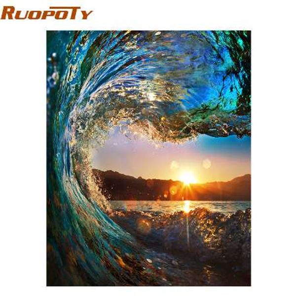 RUOPOTY Frame Sunset Wave Seascape DIY Картина по номерам Наборы Наборы картины Каллиграфия Ручная роспись Уникальный подарок для домашнего декора