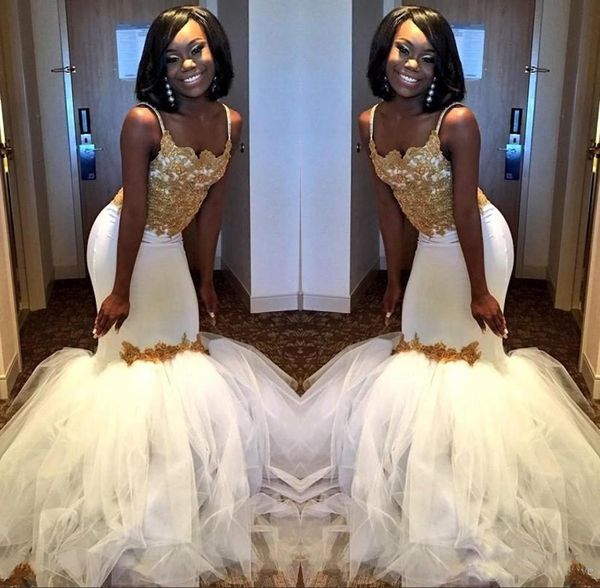 

Sexy African Mermaid Prom Party Dresses 2018 White and Gold Evening dresses With Tulle Puffy Skirt Spaghetti Straps Lace Corset Gown
