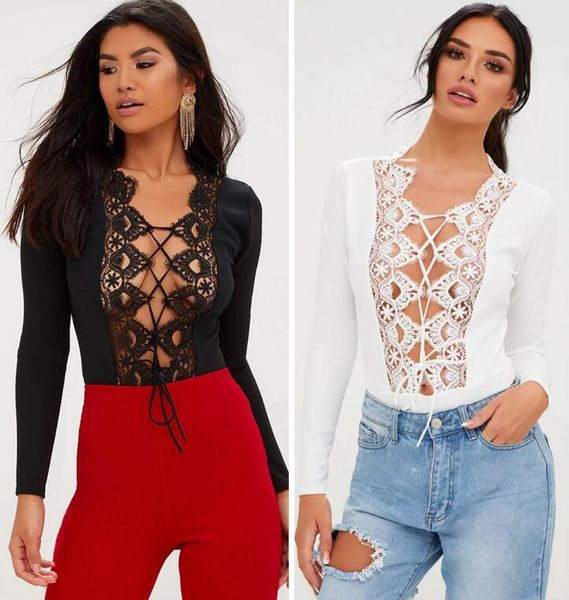 

Women Jumpsuits Sexy Hollow Out Bodysuit Lace Up Bandage Jumpsuit Black White 2 Colors Long Sleeve Rompers Women Clothes