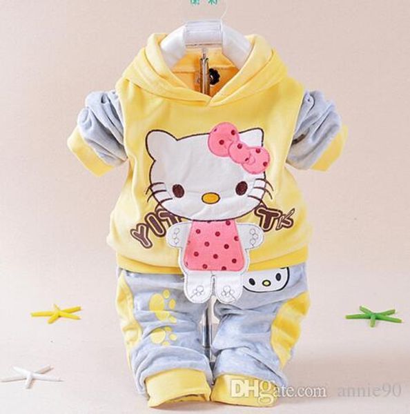 

baby girls clothing cartoon kitty rabbit cow newborn boy brand velvet hooide + pants twinset kids infant sport suit, White