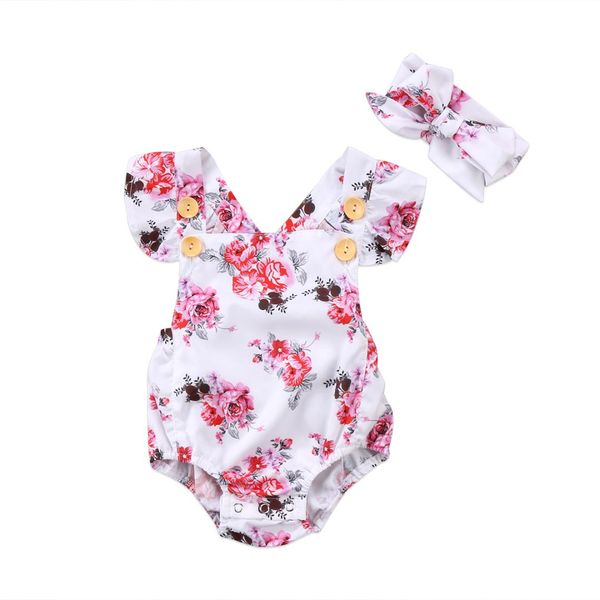 

lovely newborn baby girl clothing floral bodysuit jumpsuit short sleeve headband outfit 2pcs clothes sets, Blue