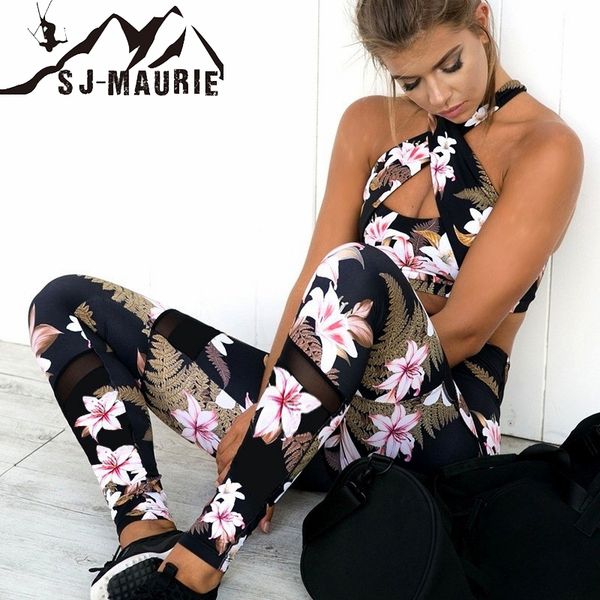

sj-maurie 2018 stylish home gym fitness women's sports leggings floral printed 2pcs mesh yoga suits gym workout clothing set, Black;blue