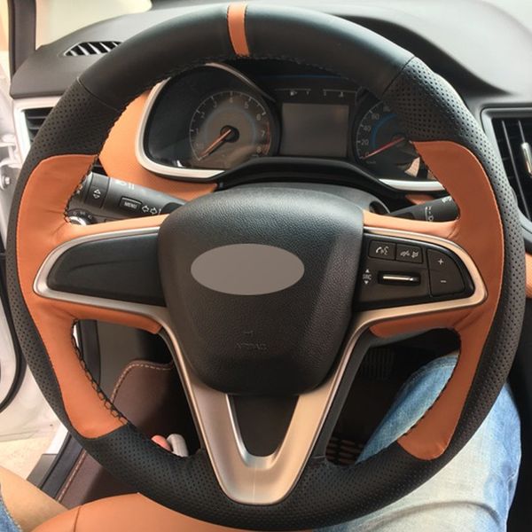 

black brown genuine leather car steering wheel cover for chevrolet sail 2015-2017 lova aveo 2016 2017 cavalier 2016 2017
